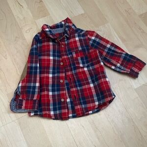 H&M red and navy plaid button down - 6-9 months